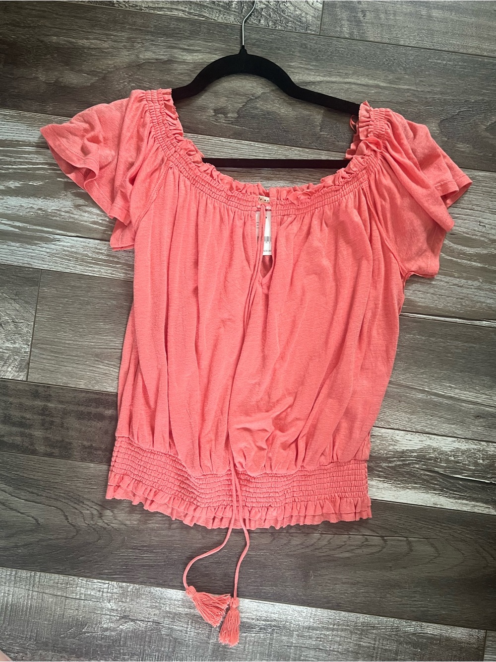 Free People Coral Off-Shoulder Ruffle Tie-Front Top